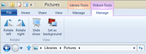 Picture Tools in Windows 8 File Explorer Screenshot of Picture Tools in Windows 8 File Explorer
